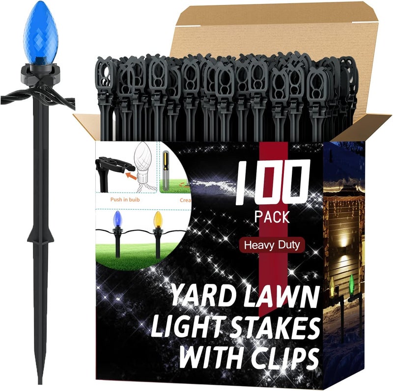 koneboss 100 Pack Christmas Light Stakes 8.5"-10" for C7 and C9 String Lights,Outdoor Light Stakes,Yard Stakes,Garden,Lawn,Pathway, Patio, Path, Walkway, Christmas Decoration Black - Image 1